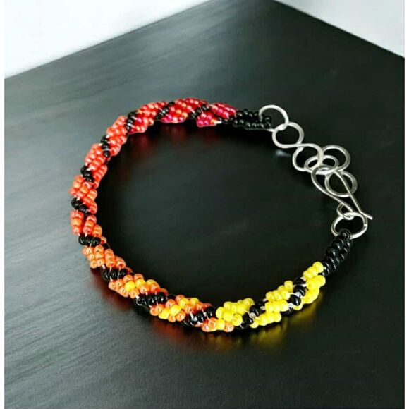 Adjustable Gradient Beaded Bracelet, Seed Bead Jewelry, Red Orange Yellow Black - Picture 2 of 8